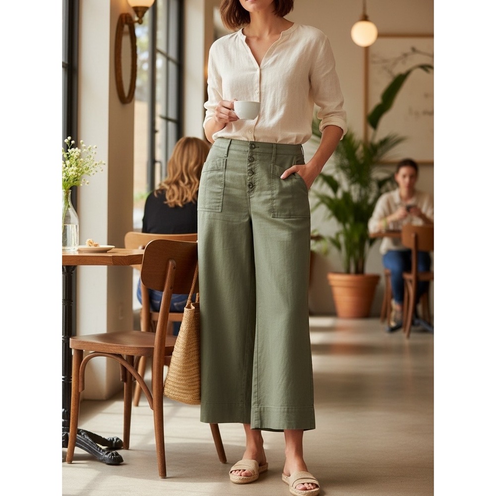 Evereve Wide Leg Pants Women 28 Green Linen Blend Button Fly Cropped Utility